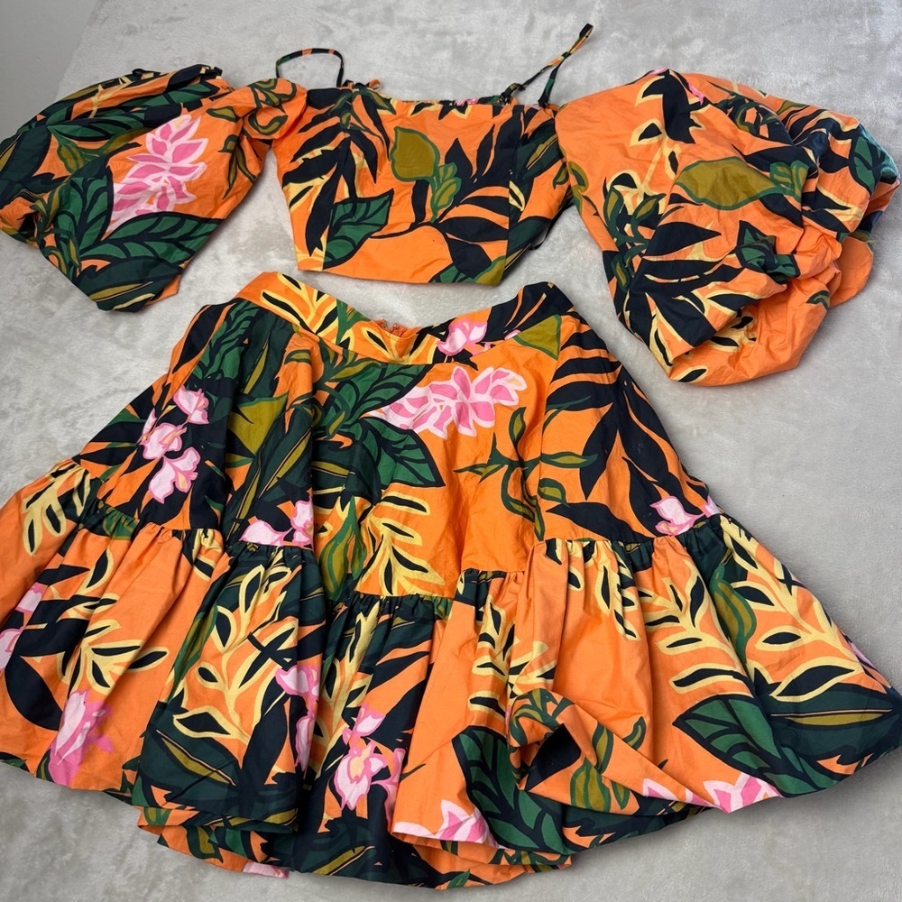 RARE SKIRT SET BLOGGER FAVORITE H&M Orange flare puff sleeve tropical crop XS M - Picture 2 of 7